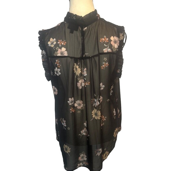 Women’s Who What Wear BLACK Shear W/ Multicolor Floral Ruffle Sleeveless Top -L - Picture 4 of 7